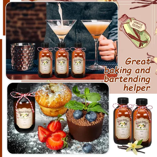Miniatura 6 de Uiifan 8 piezas botellas de extracto de vainilla Boston redondas con tapas, botella de vidrio y 8 piezas etiquetas de extracto de vainilla