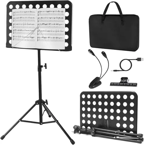 Miniatura 7 de lotmusic Soporte de música azul, soporte portátil para partituras, soporte de música plegable y ajustable en altura con bolsa, clip de partitura