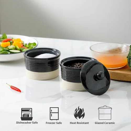 Miniatura 6 de HASENSE Tazón de sal y pimienta de cerámica, tazones de sal y pimienta de 9 oz con tapa para encimera, juego de sal y pimienta apiladas, tazones