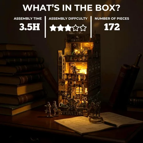 Miniatura 3 de Dreams Delivery - Kit de rincón de libro, barco pirata de 172 piezas, kit de casa en miniatura LED para bricolaje, rompecabezas de madera 3D, kit
