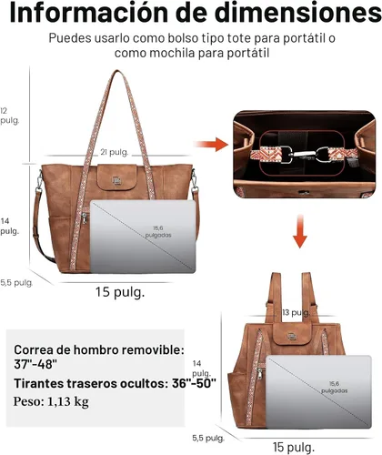 Miniatura 4 de FADEON Bolso Grande para Laptop de Cuero para Mujer, Bolso de Mano de Diseño, Mochila de Viaje a la Moda, Bolso de Hombro 1 estilo retro marrón