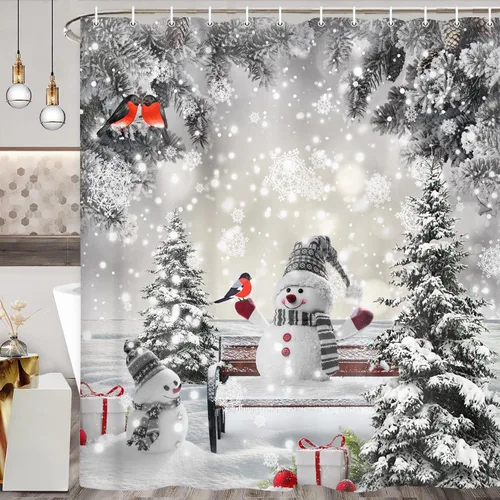 Miniatura 5 de JAWO Cortina de ducha de muñeco de nieve de Navidad para decoración de baño, cortina de baño de tela con ganchos, 36 x 70 pulgadas