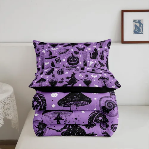 Miniatura 7 de Juego de edredón de Halloween, ropa de cama individual con diseño de calabaza y gato para niñas y niños, juego de ropa de cama de poción mágica