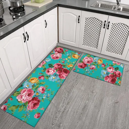 Tapetes de cocina para el suelo, juego de 2 piezas de alfombras y tapetes de cocina antideslizantes lavables (floral, 17 x 47 pulgadas + 17 x 30