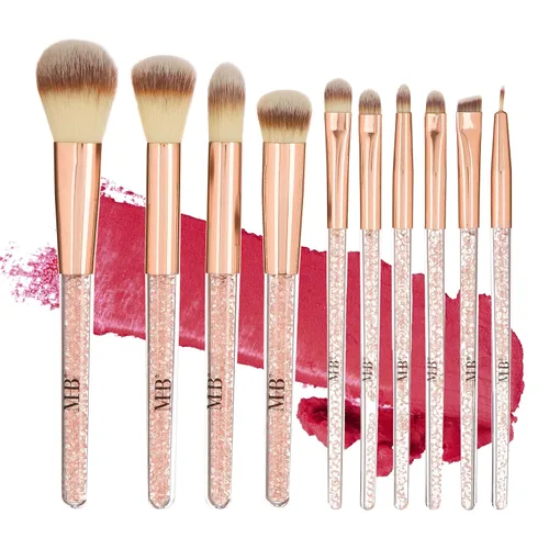 Miniatura 8 de Juego de 10 brochas de maquillaje profesionales con piedras preciosas brillantes doradas, cepillos profesionales de cerdas suaves para uso diario