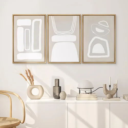 Miniatura 655 de SIGNWIN Lienzo enmarcado para pared, arte con pinceladas de flujo neutro en tonos beige abstractos, ilustraciones, arte moderno, decorativo