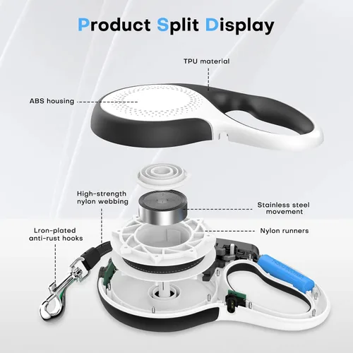 Miniatura 3 de Correa retráctil para perro con cable a prueba de mordeduras y linterna LED, correa resistente de 16 pies, adecuada para perros pequeños/medianos