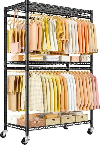 ULIFHOME P5 Plus - Perchero resistente para colgar ropa, perchero de metal con ruedas, estante portátil de 3 niveles para armario de 45 pulgadas de