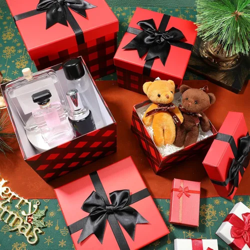 Miniatura 5 de TaoBary 4 cajas de regalo apilables a cuadros de búfalo apilables de color rojo y negro, cajas decorativas con tapas, cubo de almacenamiento anidado