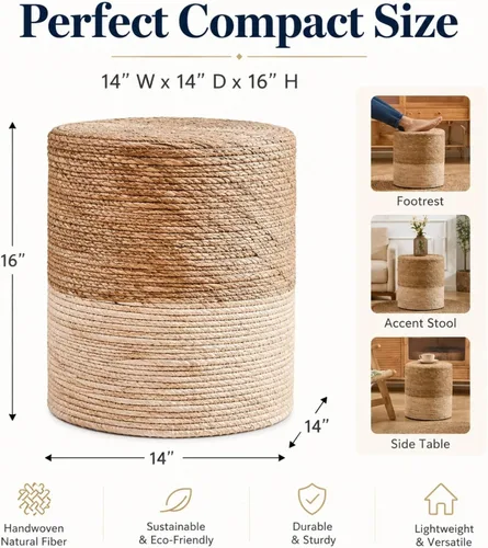 Miniatura 2 de Wimarsbon Pufs otomanos, puf de hierba marina 100% natural, taburete redondo tejido a mano con marco de madera, reposapiés trenzado sentado, asiento