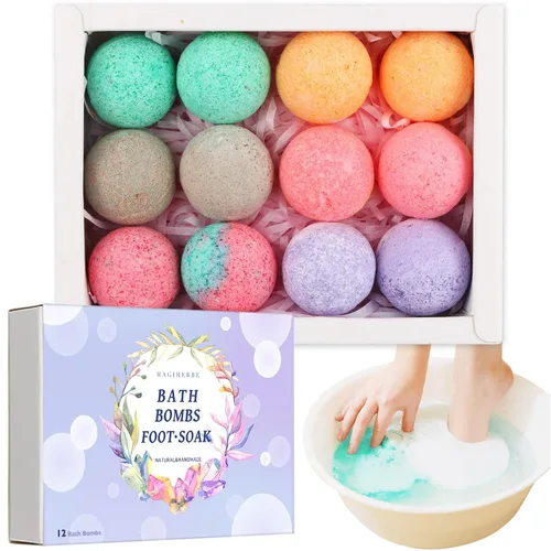 Paquete de 12 bombas de baño de pies, remojo orgánico para pies con sal de baño, aceites esenciales ricos en bombas de spa para pies secos y