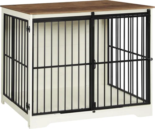 Miniatura 9 de Hzuaneri XXL Mueble de jaula grande para perros, mueble de perrera de interior de 46.9" con puerta de granero, jaula alta de madera para perros