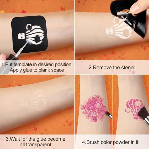 Miniatura 2 de Kit de tatuajes temporales con purpurina para niños, 24 purpurina corporal, 2 pegamento, 5 pinceles, 187 plantillas, kit de maquillaje de Halloween
