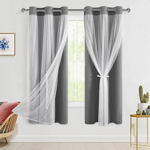 Miniatura 118 de Hiasan Cortinas opacas con superposición transparente, aislamiento térmico para mezclar y combinar de doble capa, cortinas de oscurecimiento de Beige