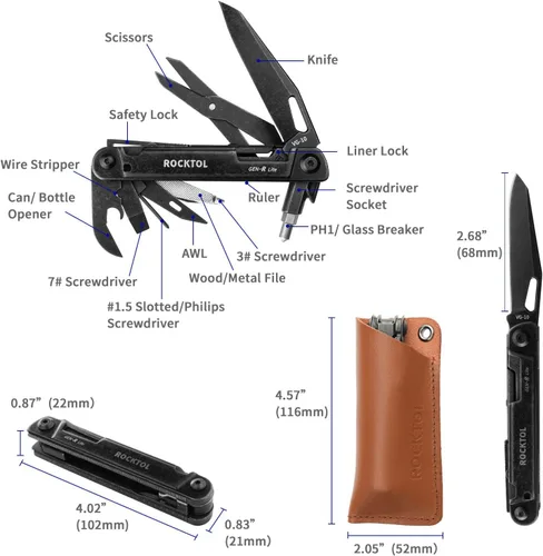 Miniatura 7 de ROCKTOL Multitool Gen-R Lite, Cuchillo de Bolsillo EDC Retro Negro con Hoja VG10, Multiherramienta Compacta 15-en-1 con Destornillador, Tijeras