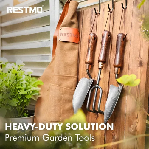 Miniatura 3 de RESTMO Kit de herramientas de jardinería 3 en 1, herramientas de mano de jardín de acero al carbono de alta calidad con mango de madera ergonómico