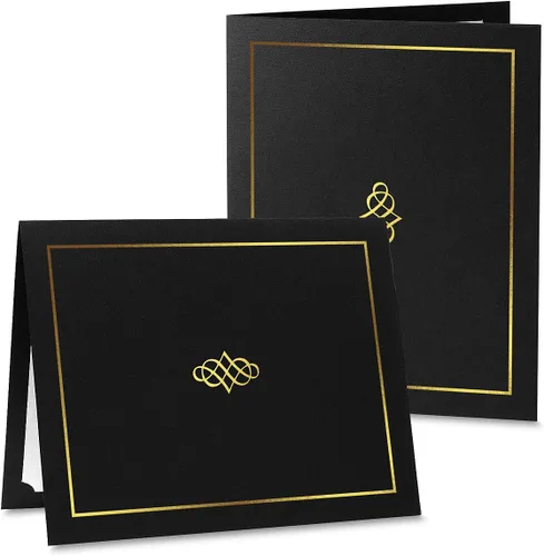 Miniatura 2 de Carpetas ornamentadas de color negro y dorado, paquete de 25, cubierta de lino de 80 libras, plegadas, esquinas troqueladas, para oficina, premios