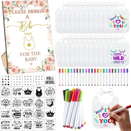 Miniatura 12 de Panitay Kit de decoración de 100 baberos para bebé, 50 baberos blancos, 25 plantillas, 24 marcadores de tela, 1 letrero de juego para baby shower