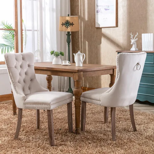 Miniatura 9 de Cómodo juego de 2 sillas de comedor de terciopelo copetudo, silla de comedor tapizada beige con patas de madera maciza, anillo trasero tirador