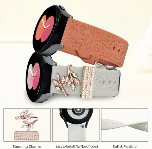 Miniatura 4 de Correas para Samsung Galaxy Watch 7/6/5/4/FE Banda 40mm 44mm con Charms, Correa de Reemplazo de Silicona con Flores Grabadas de 20mm para Mujeres