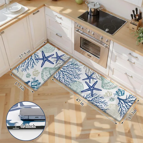 Miniatura 2 de SHACOS Coastal Beach - Juego de 2 tapetes de cocina antifatiga con temática de mar, conchas de estrella de mar azul, peces tropicales corales, 17 x