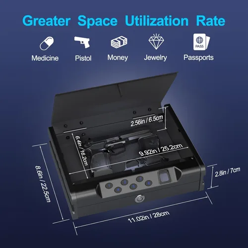 Miniatura 3 de Caja fuerte para pistolas VORanexs con tres formas de acceso: reconocimiento biométrico, llave, contraseña digital. Es una caja fuerte compacta