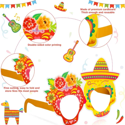 Miniatura 3 de Honoson 32 piezas de decoraciones de fiesta mexicana, anteojos de papel, Taco, cactus, piñata, cinco de mayo, accesorios para cabina de fotos