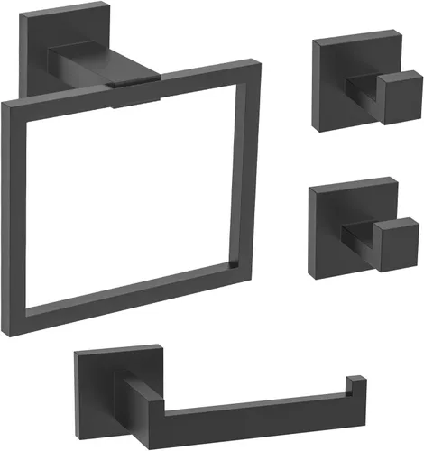 TURS Juego de 3 toalleros negros con anillo para toallas, gancho para toallas de baño, de acero inoxidable, montaje en pared.