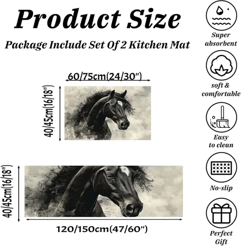 Miniatura 5 de Juego de 2 piezas de tapetes de cocina, estilo retro abstracto negro Horsetapete para antifatiga, tapetes de interior, oferta para decoración