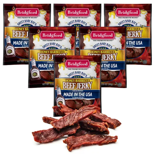 Miniatura 20 de Bridgford Sweet Baby Ray's Beef Jerky Honey BBQ de 3.25 onzas, paquete de 2 – Cecina alta en proteínas para impulso de energía del mediodía
