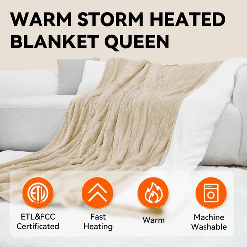 Miniatura 5 de Warm Storm Manta eléctrica tamaño Queen, franela antiestática y sherpa, 10 niveles de calefacción, 12 horas de apagado automático, lavable a