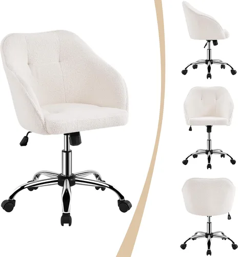 Miniatura 9 de Yaheetech Boucle - Silla de tocador de escritorio con respaldo, cómoda silla de oficina giratoria esponjosa con ruedas, altura ajustable, ángulo