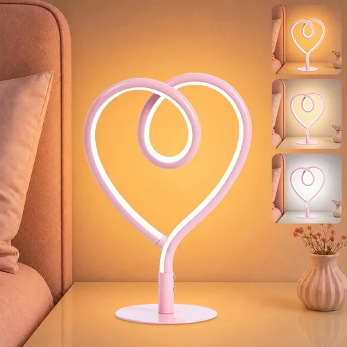 Lámpara de Mesa Rosa, Lámpara de Escritorio Corazón Ajustable Sin Escalas 3CCT 2700K/4000K/6500K con Adaptador USB, Pequeña Lámpara de Noche