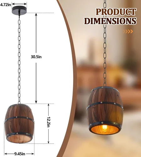 Miniatura 2 de Copkim Lámpara colgante de barril de vino de madera rústica con cadena ajustada, lámpara colgante antigua E26 lámpara de techo para bar, cocina