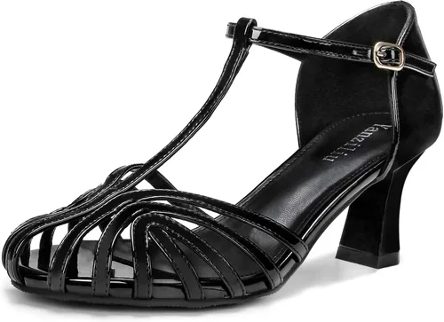 Yanziliu Tacones de gatito con correa en T para mujer, cómodas, sandalias de tacón bajo, corte vintage, puntera cerrada, vestido de fiesta de boda,