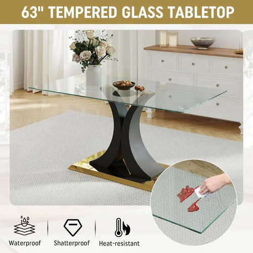 Miniatura 7 de Moderno juego de comedor de cristal de lujo para 6, 63 pulgadas, juego de vajilla rectangular minimalista grande para 6, juego de mesa de cocina