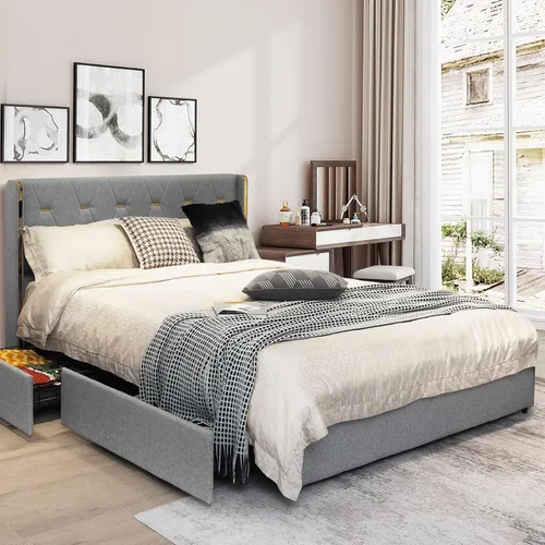 Miniatura 11 de Giantex Base de cama tapizada con 4 cajones, cama de piel sintética de tamaño matrimonial, marco de cama resistente sin ruido, fácil montaje, sin