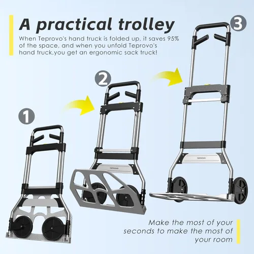 Miniatura 4 de Teprovo - Carretilla de mano plegable de 340 libras de capacidad, carrito portátil de aluminio con mango telescópico y ruedas de goma de 7 pulgadas