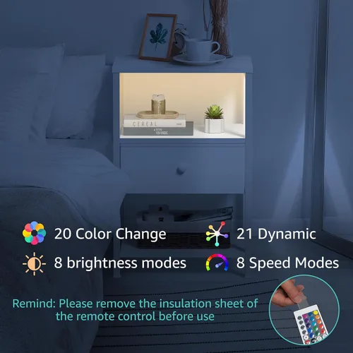 Miniatura 8 de BOLUO - Mesita de noche blanca con estación de carga, mesita de noche LED con cajones de tela y estante, mesa de cabecera con puertos USB y tomas