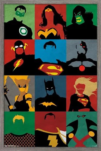 Trends International DC Comics - Póster de pared minimalista de la Liga de la Justicia, 14.725 x 22.375 pulgadas, versión enmarcada de madera de
