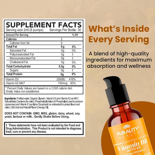 Miniatura 7 de PURALITY HEALTH Vitamina D3 con suplemento líquido K2, vegano, absorción mejorada liposomal micelle, sin OMG, suministro para 30 días