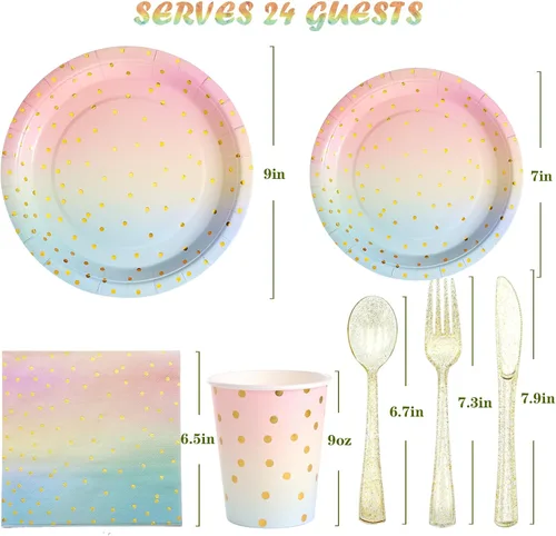 Miniatura 2 de Suministros de fiesta pastel arco iris pastel platos de papel para fiestas, vasos, servilletas, juego de vajilla para decoraciones de fiesta pastel