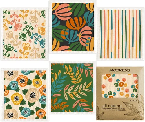 Miniatura 8 de Paños de cocina suecos para cocina, paquete de 6 paños de cocina de hojas verdes, paños de esponja de celulosa, toallas de papel reutilizables