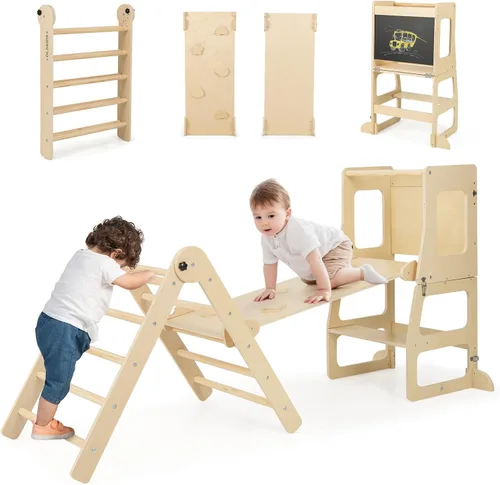 Miniatura 12 de Olakids Conjunto Triangular Pikler 7 en 1 Juguetes de Escalada para Niños Pequeños de 1 a 3 Años Interior Plegable de Madera Montessori Gimnasio
