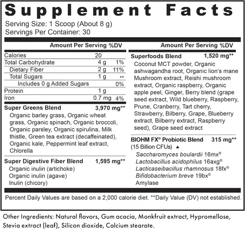 Miniatura 3 de BIOHM Super Greens, polvo de superalimento verde (8.5 onzas, 30 porciones) antioxidante en polvo vegetal y mezcla de batidos, 34 superalimentos