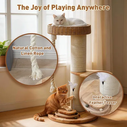Miniatura 3 de Árbol moderno para gatos grandes, torre para gatos de madera maciza con poste rascador extragrueso, torre de gato de pie para gatos