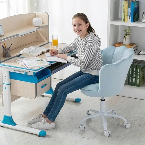 Miniatura 3 de chairus Linda silla de escritorio para niños, de terciopelo, para sala de estar, silla tapizada para adolescentes con respaldo de concha, silla Azul