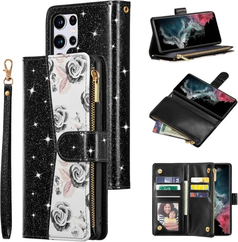 Miniatura 22 de UEEBAI Funda tipo cartera para Samsung Galaxy S22 Ultra 5G, piel sintética con cierre magnético, bolsillo con cremallera, ranuras para tarjetas