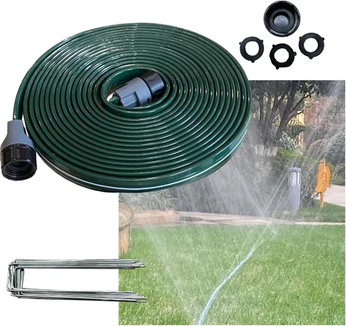 Watoo Manguera de riego y manguera de remojo para patio, manguera de jardín plana reforzada de 25 pies con agujeros, manguera de riego de césped