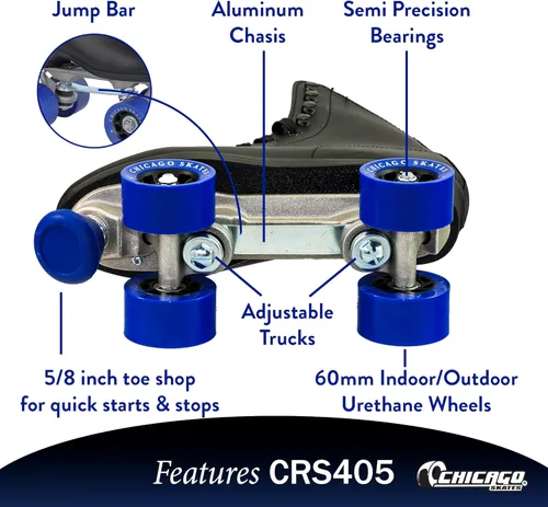 Miniatura 3 de Chicago Skates Patines clásicos cuádruples para mujeres y hombres, duraderos y de alto rendimiento, botas altas ajustables para derby de ruedas Negro